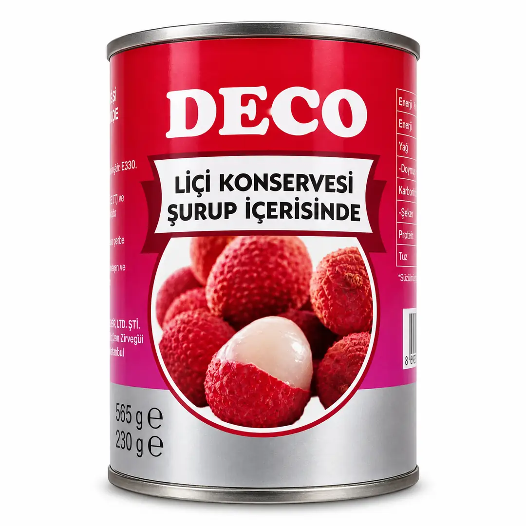 DECO Lychee Lechi Preserve Liçi Koncervesi Net weight: 565 g Drained weight / Süzme ağırlık : 230 g