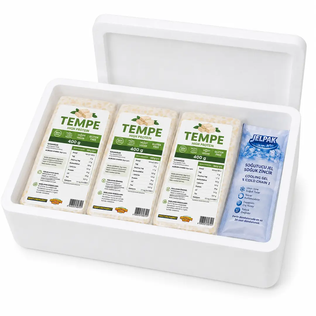 TEMPE 1140 g – 4 Adet 285 GR | Strafor Kutu + Soğutucu Jel ile Soğuk Zincir Gönderim Yüksek Proteinli, High Protein, Vegan, Fermente Soya Ürünü